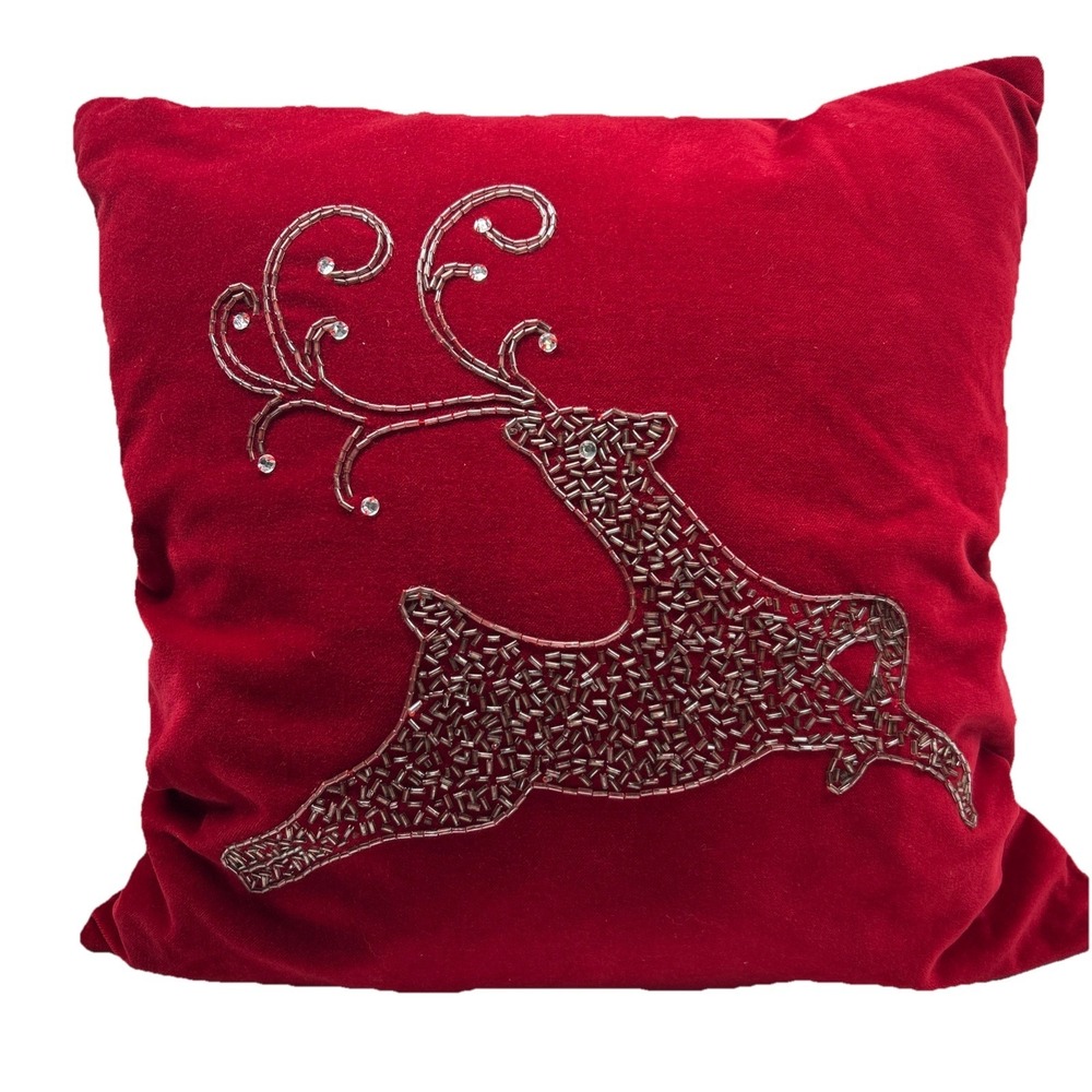 Pier 1 Red‎ Velvet Beaded Reindeer Christmas Throw Pillow Holiday Decor 14"